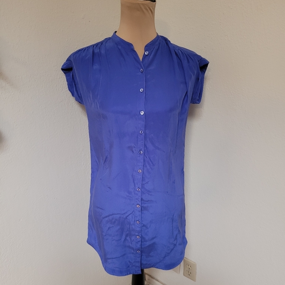 Anthropologie Blue Silk Shirt Dress Yellow is Gold